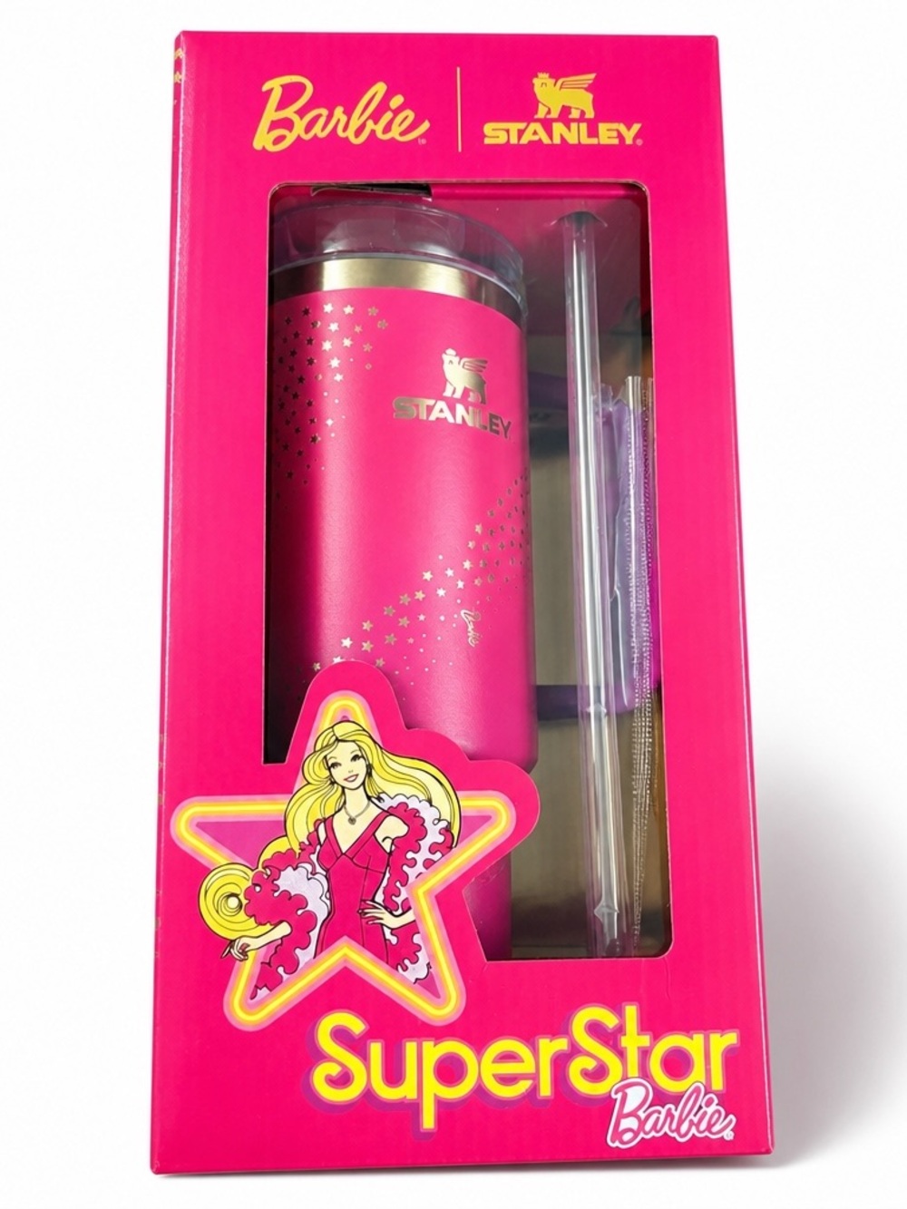 Stanley Barbie Pink Travel Tumbler with Gold Logo